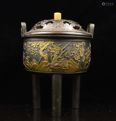 CHINESE PARTIAL GILDED BRONZE TRIPOD CENSER