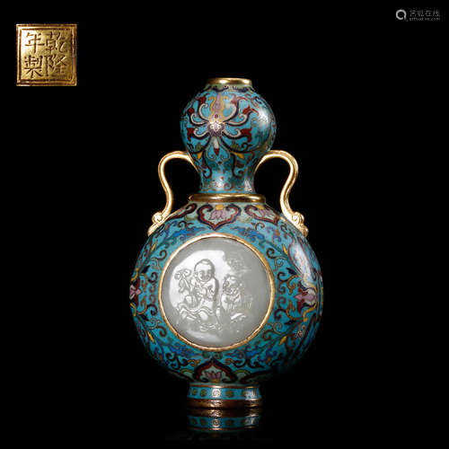 CLOISONNE GOURD VASE INLAID JADE