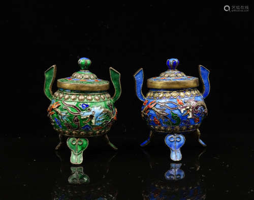 2 CHINESE SILVER ENAMEL CENSERS