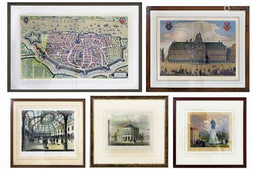 Lot (6) oude en antieke gravures met drie zichten van Antwerpen, een platte