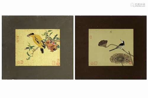 Paar Chinese schilderingen (op zijde) telkens met een vogel - 27 x 32,5