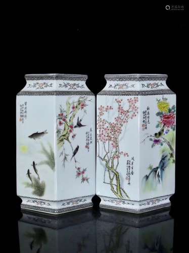 20TH CENTURY, A PAIR OF ZHUSHANBAYOU RHOMBIC VASES, THE REPUBLIC OF CHINA