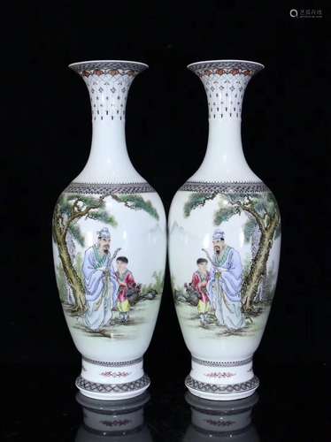 A PAIR OF STORY DESIGN FAMILLE VASE