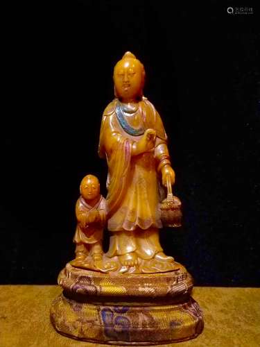 17-19TH CENTURY, A BUDDHA DESIGN FIELD YELLOW STONE FIGURE, QING DYNASTY