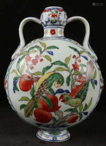 A FLORAL&BIRD PATTERN MULTI-COLOR DOUBLE-EAR VASE