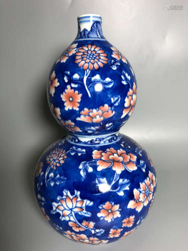 17TH-19TH CENTURY, A BLUE & WHITE UNDERGLAZED RED GOURD BOTTLE, QING DYNASTY