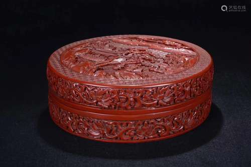 A STORY DESIGN RED LACQUER CARVING BOX WITH CAP