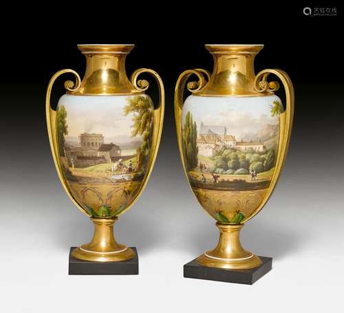 PAIR OF PAINTED VASES WITH BRONZE MOUNTS,