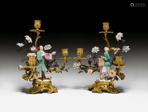 PAIR OF CANDELABRAS WITH PORCELAIN FIGURES,