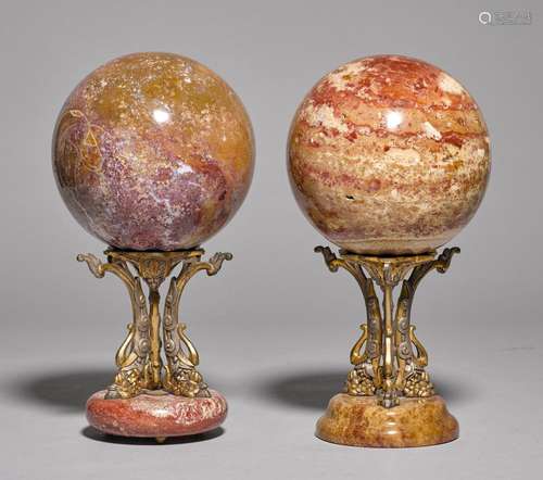 PAIR OF MARBLE SPHERES ON STANDS,