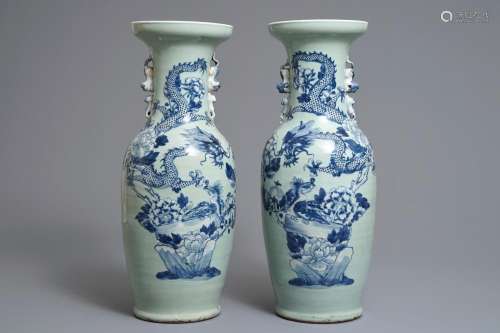 A pair of Chinese blue and white celadon-ground vases with dragons and phoenixes, 19th C.