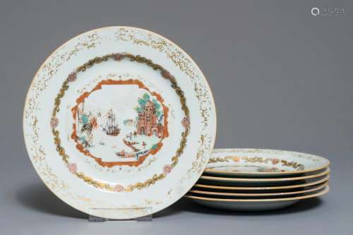 Six Chinese Meissen style plates with a harbour scene, Qianlong