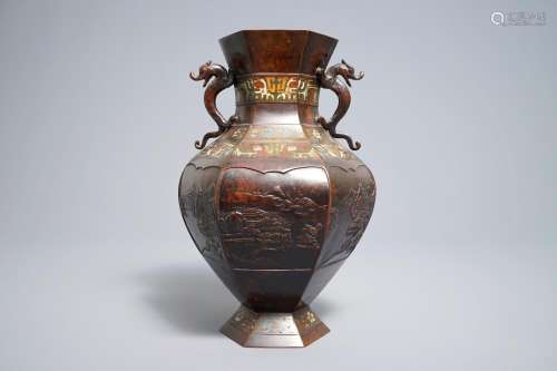A Japanese bronze and champlevé vase, impressed mark, 19th C.