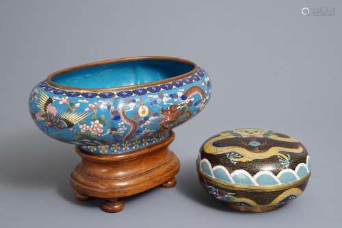 A Chinese cloisonné jardinière on wooden stand and a round box and cover, 19/20th C.