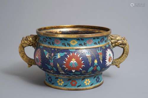 A large Chinese cloisonné incenser burner with lotus scrolls, Ming/Qing