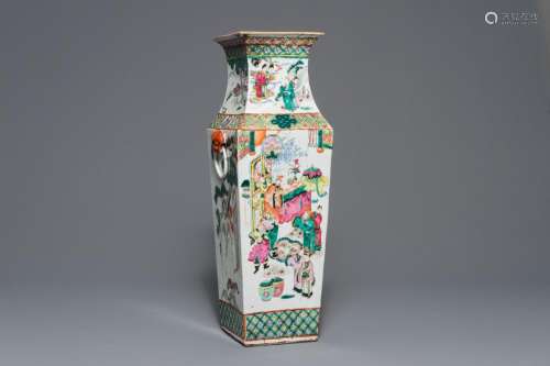 A square Chinese famille rose vase with figures, 19th C.