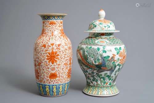 Two Chinese famille verte and iron-red vases, 19/20th C