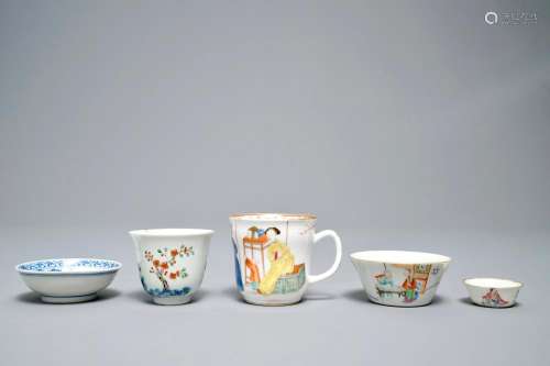 Two Chinese famille rose and verte cups and three small bowls, various marks, 18/19th C.