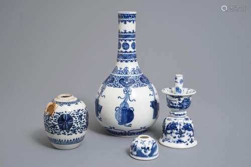 Two Chinese blue and white vases, a candlestick and a brushwasher, 19th C.