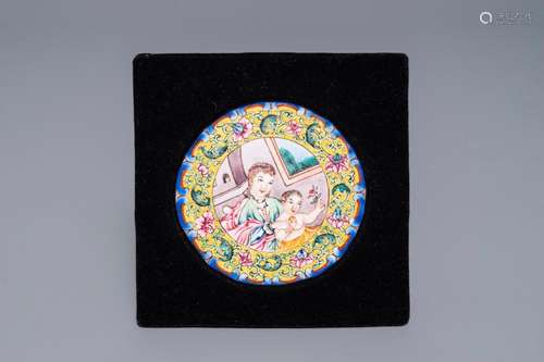 A fine Chinese Canton enamel 'Europeans' medallion, Qianlong