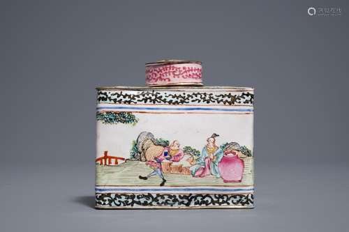 A Chinese Canton enamel tea caddy and cover, Qianlong