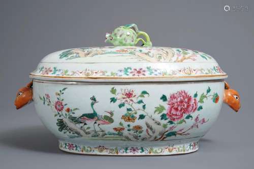 A Chinese famille rose 'double peacock' tureen and cover, Qianlong