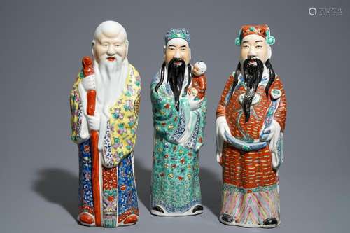 A set of three Chinese famille rose figures of Immortals, 19/20th C.