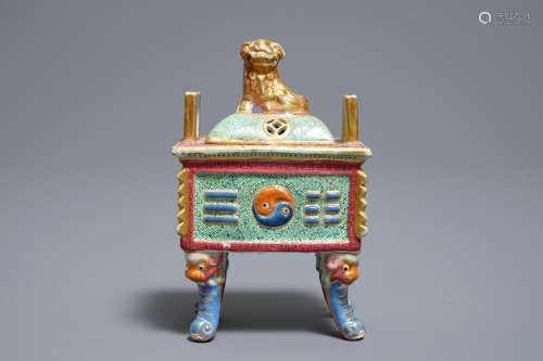 A Chinese famille rose censer and cover, 19th C.