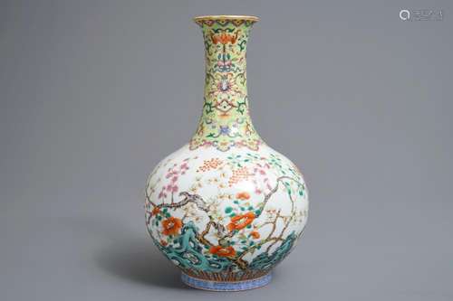 A Chinese famille rose bottle vase with floral design, Jiaqing mark, 19/20th C.