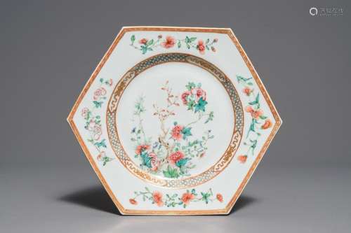 A fine Chinese hexagonal famille rose 'Peony' dish, Yongzheng