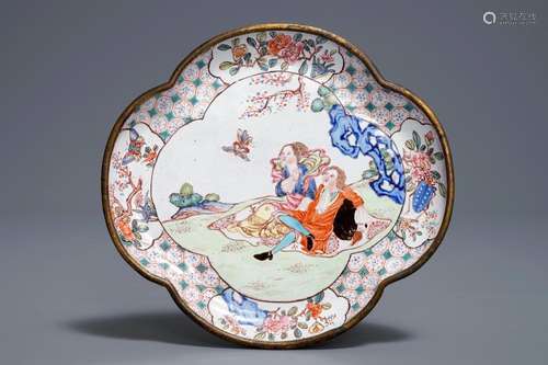 A Chinese Canton enamel quatrefoil 'Europeans' dish, Qianlong