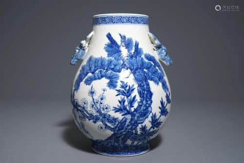 A Chinese blue and white 'Three friends of winter' hu vase, Qianlong mark, 19/20th C.