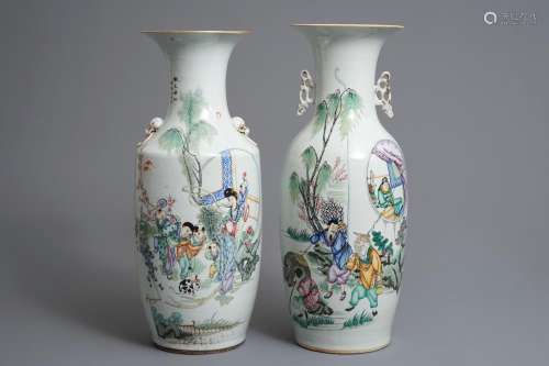 Two Chinese famille rose vases with figures in a garden, 19/20th C.