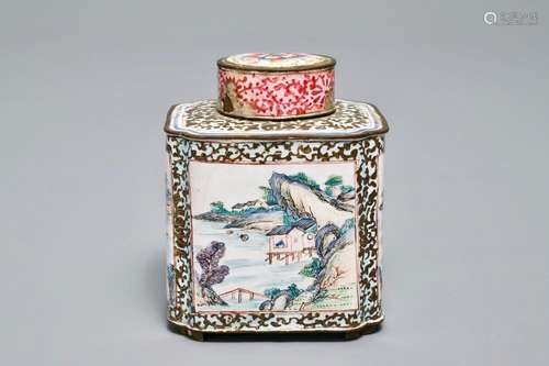 A Chinese Canton enamel tea caddy and cover, Qianlong