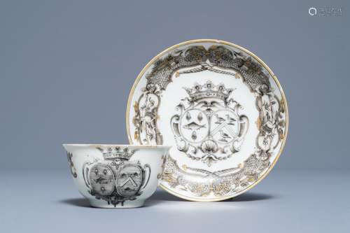 A Chinese armorial grisaille cup and saucer with alliance arms, Qianlong