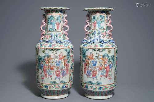 A pair of Chinese famille rose dragon-handle vases, 19th C.