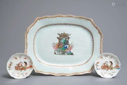 A Chinese famille rose armorial platter and two eggshell saucers after Cornelis Pronk, Yongzheng/Qianlong