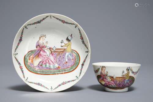 A Chinese famille rose 'European subject' cup and saucer, Qianlong