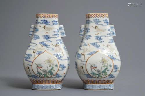 A pair of Chinese famille rose fanghu vases with cranes, Qianlong marks, 19/20th C.