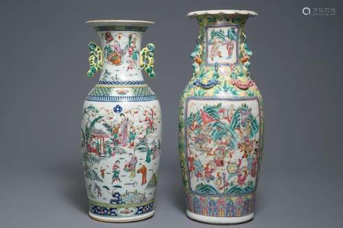 Two Chinese famille rose vases with figures in landscapes, 19th C.