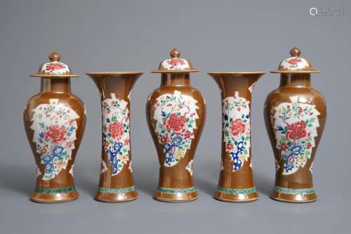 A Chinese capucin-ground famille rose five-piece garniture with floral design, Qianlong