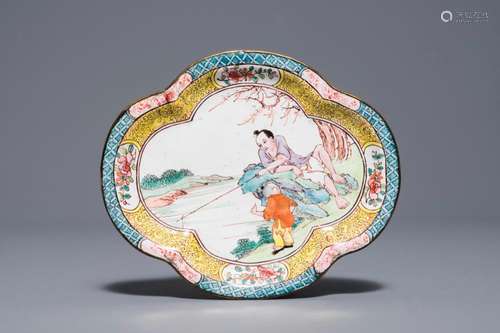 A Chinese quatrefoil Canton enamel spoon tray with fishermen, Qianlong