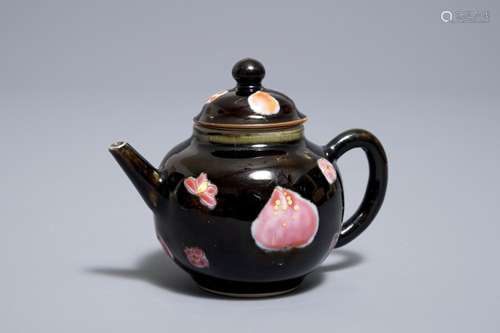 A small Chinese famille rose black-ground teapot and cover, Yongzheng/Qianlong