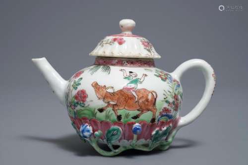 A Chinese famille rose teapot and cover with applied decoration of flowers and vines, Yongzheng