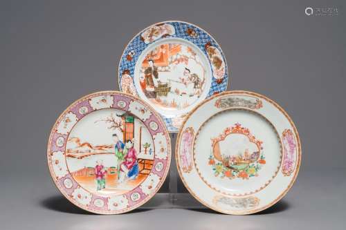 Three fine Chinese famille rose and Imari-style plates, Yongzheng/Qianlong