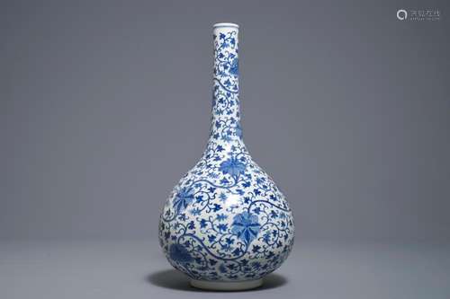 A Chinese blue and white 'lotus scroll' bottle vase, 18/19th C.