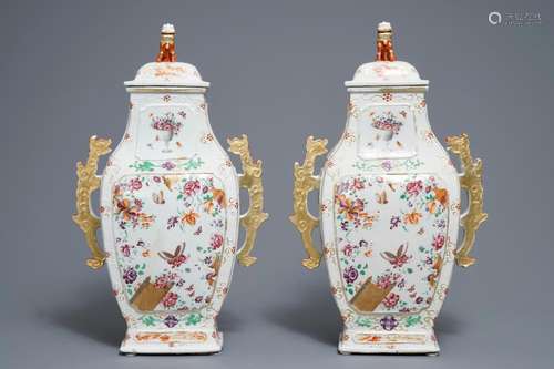 A pair of Chinese famille rose dragon-handle vases, Qianlong