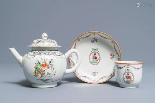 A Chinese grisaille and famille rose armorial teapot and cup and saucer, Qianlong