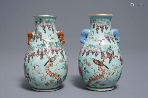 A pair of Chinese turquoise ground Dayazhai-style hu vases, 19/20th C.