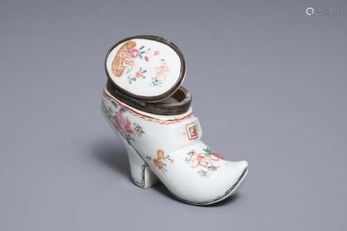 A Chinese silver-mounted famille rose shoe-form snuff box, Qianlong